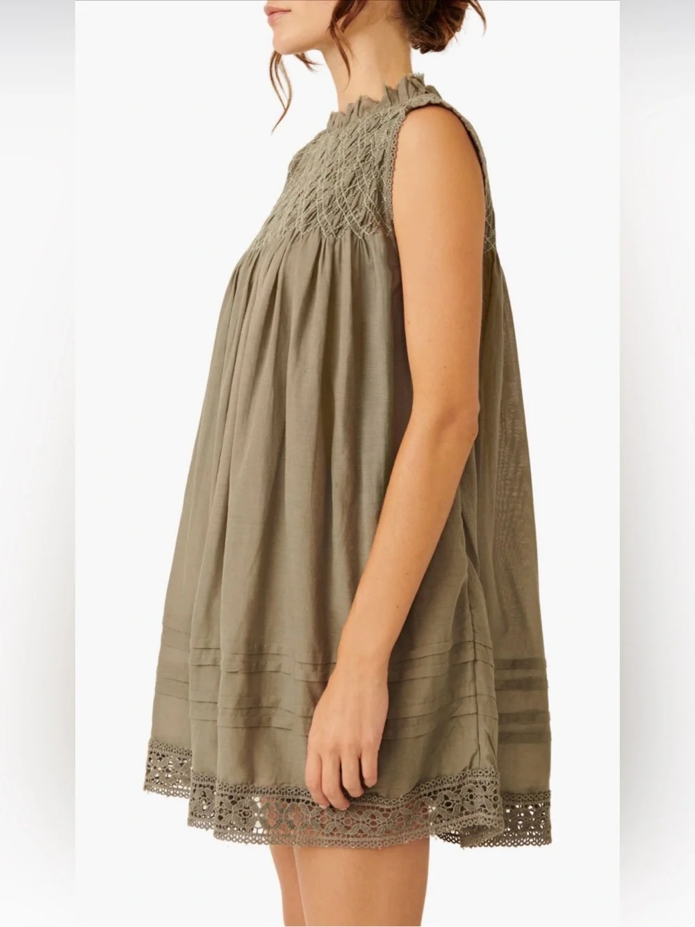 Free People Shea Smocked Yoke Shift Mini Dress Dried Basil Green Olive XS